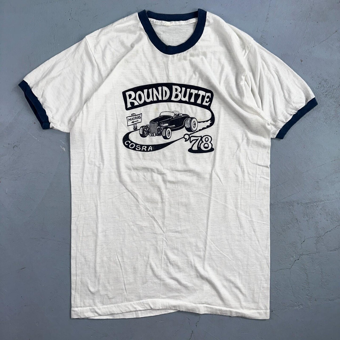 Round Butte Oregon 1970s VTG T Shirt 1978 Rockabilly Ringer Cars Hot Rod PDX Art