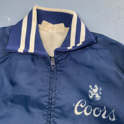Vtg Coors Light Satin Poly Bomber Jacket Rockabilly Blue USA Talon 1960s 1970s