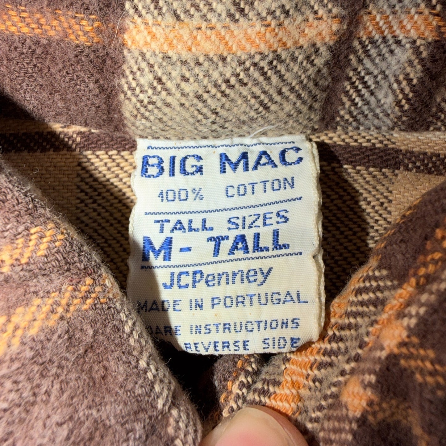VTG 70s Big Mac Penneys Plaid Flannel Shirt Brown Tan Cotton Tall M USA Made