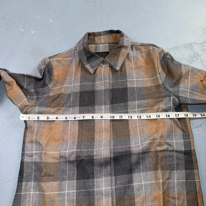 Pendleton Brown Gray Beige Plaid 100% Wool Hidden Button Shirt Women's XS USA