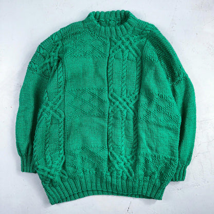 Vtg 80s Chunky Cable Knit Sweater Emerald Green Size Large Fisherman Core Yacht
