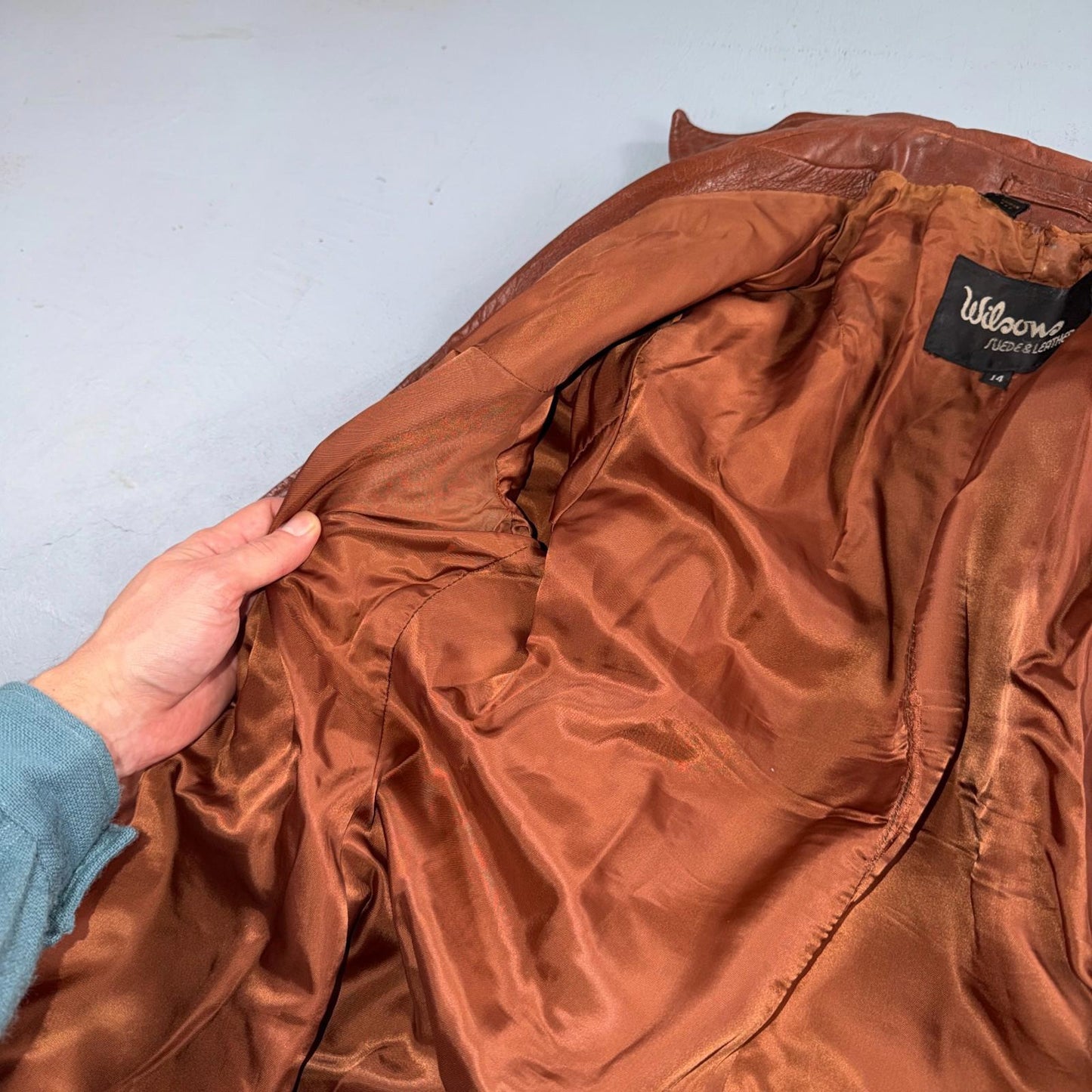 VTG Wilsons Women's Brown 100% Leather Jacket Trench Car Coat Belted 80s 90s