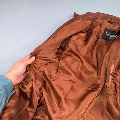 VTG Wilsons Women's Brown 100% Leather Jacket Trench Car Coat Belted 80s 90s