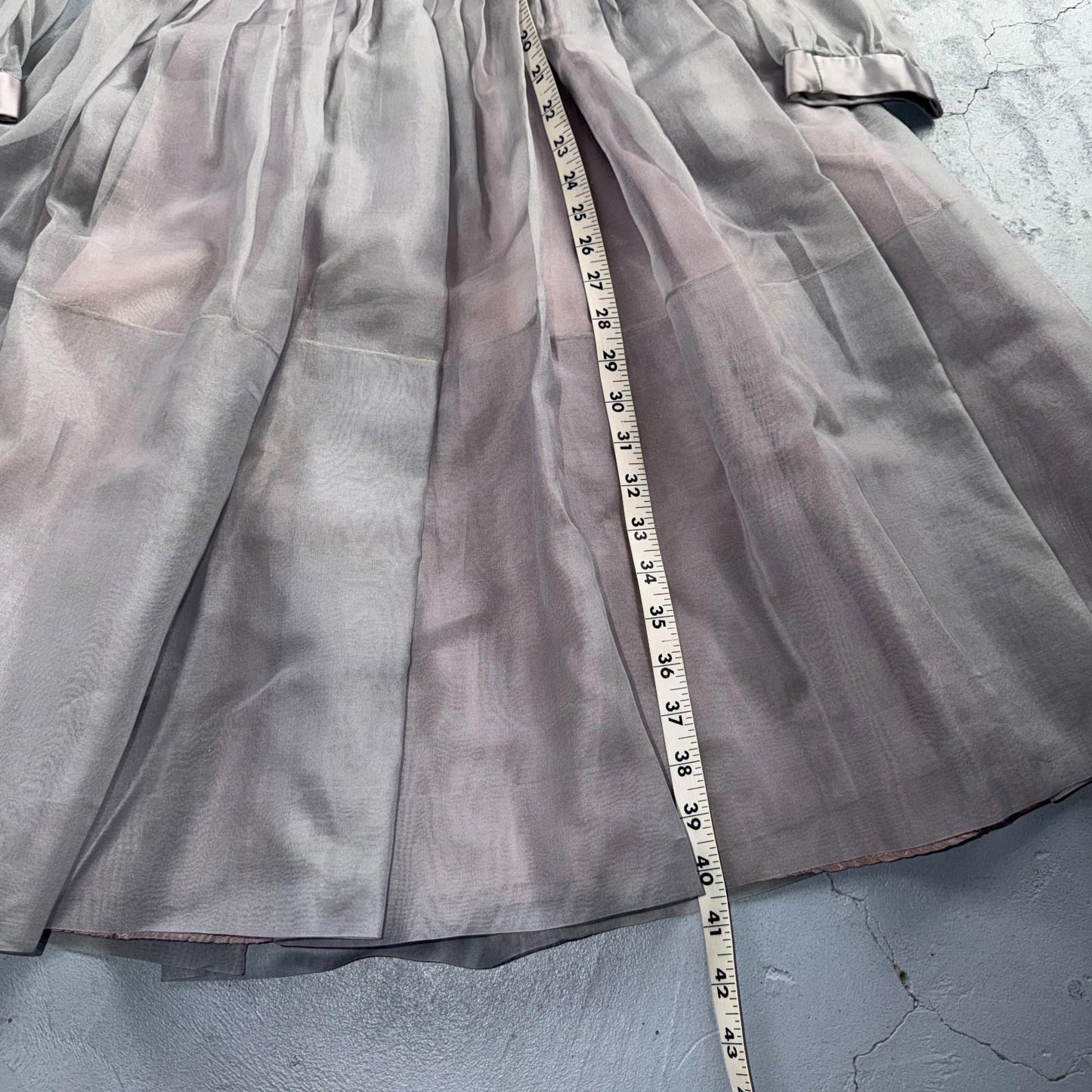VTG 1950s Sheer Organza Dress Mauve Gray Full Skirt Union Made Party 50s Belted