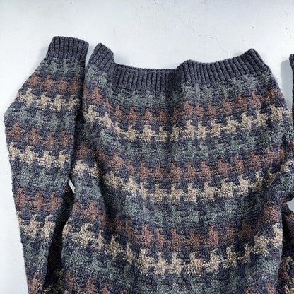 Orvis Men’s Wool Sweater XL Navy Green Tan Brown Jumper Houndstooth GrandpaCore