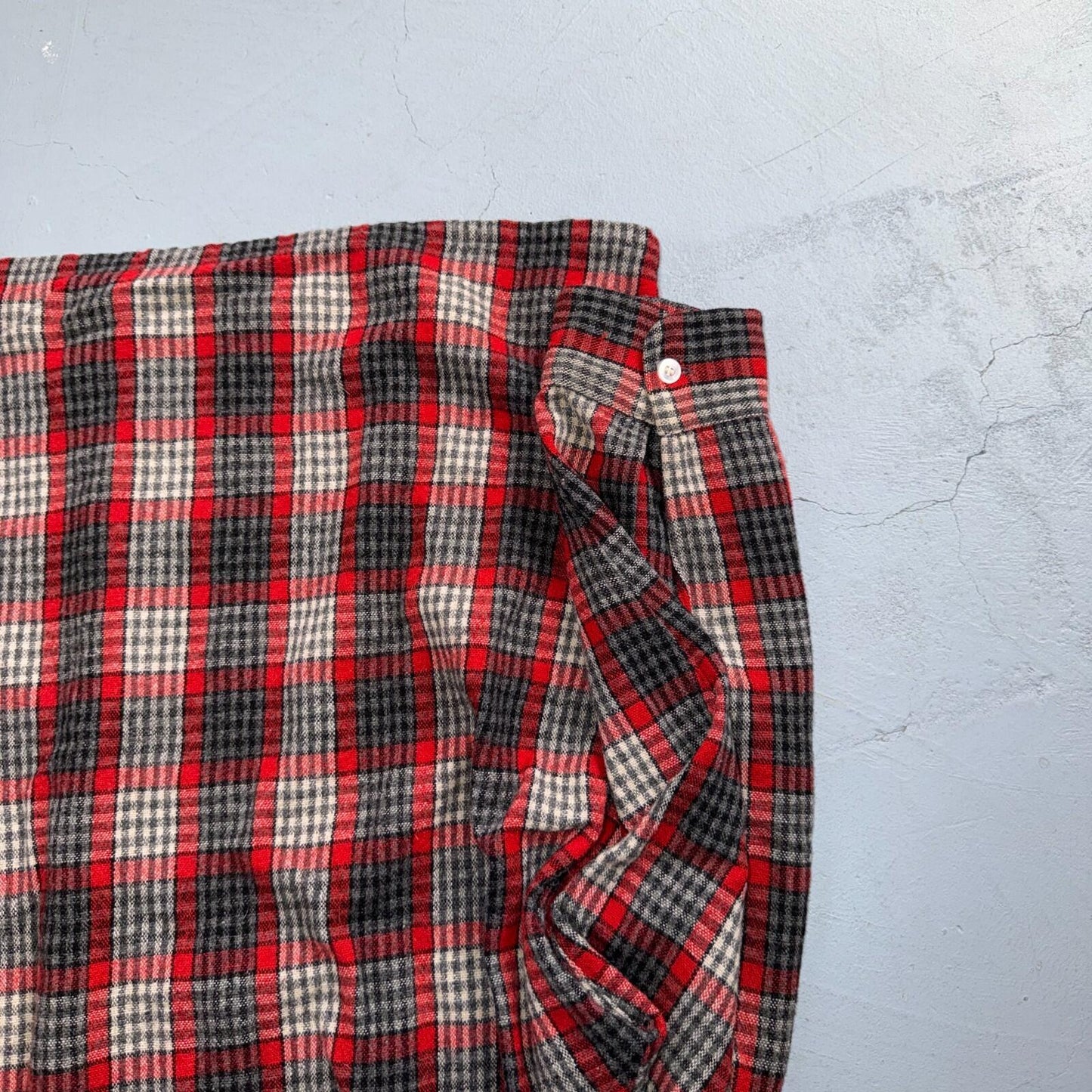 VTG XL 50s Penneys Shirt Red Plaid Wool Button Loop Collar Rockabilly 1950s Gray