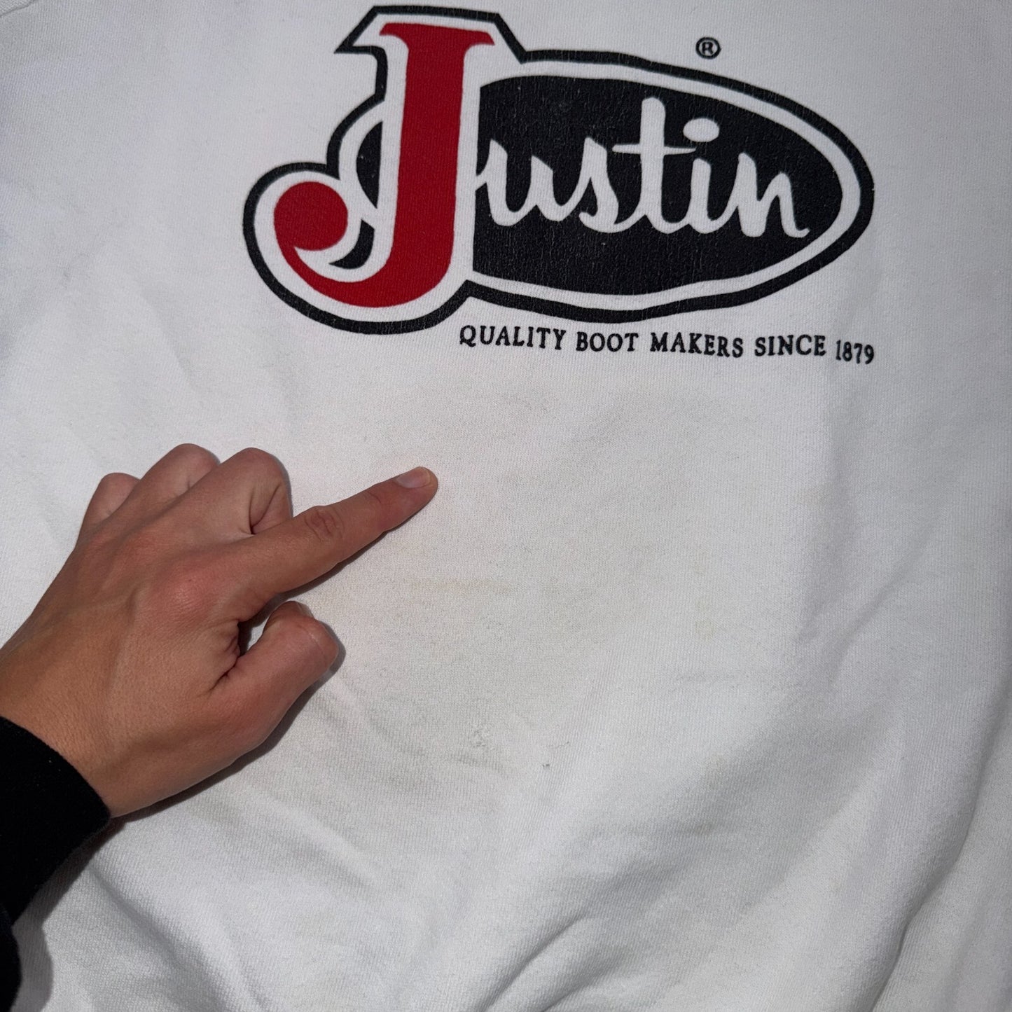 VTG Justin Boots Logo Promo Sweatshirt White Western Cowboy USA XL 1980s 80s