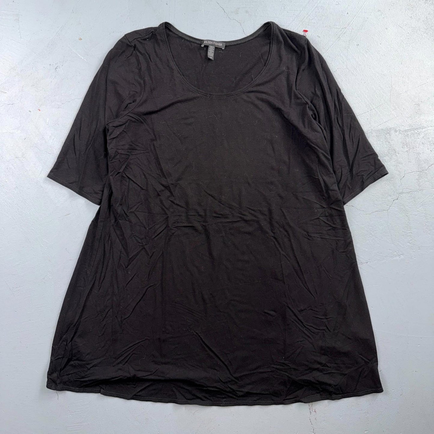 Eileen Fisher Tunic Dress Size Large L Black Stretch Knit Short Sleeve