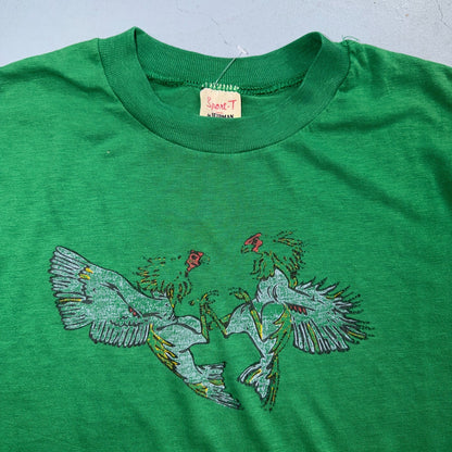 Roosters Cock Fighting VTG T Shirt 1970s 70s Graphic Chickens Rare Unique Boxin