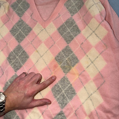 Vintage Scotland 100% Lambswool Sweater Knit Men’s Large Pink Argyle Stained