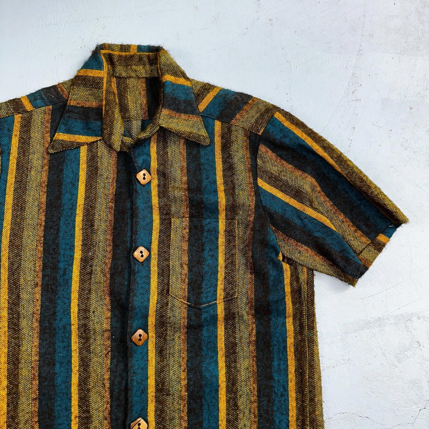 1960s Wool Short Sleeve Striped Wood Button Down Shirt 60s 70s Rockabilly