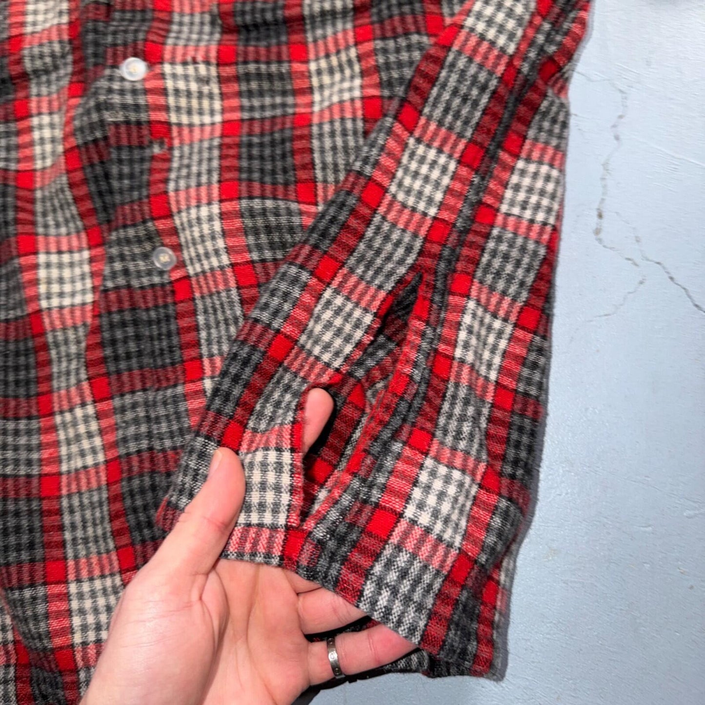 VTG XL 50s Penneys Shirt Red Plaid Wool Button Loop Collar Rockabilly 1950s Gray