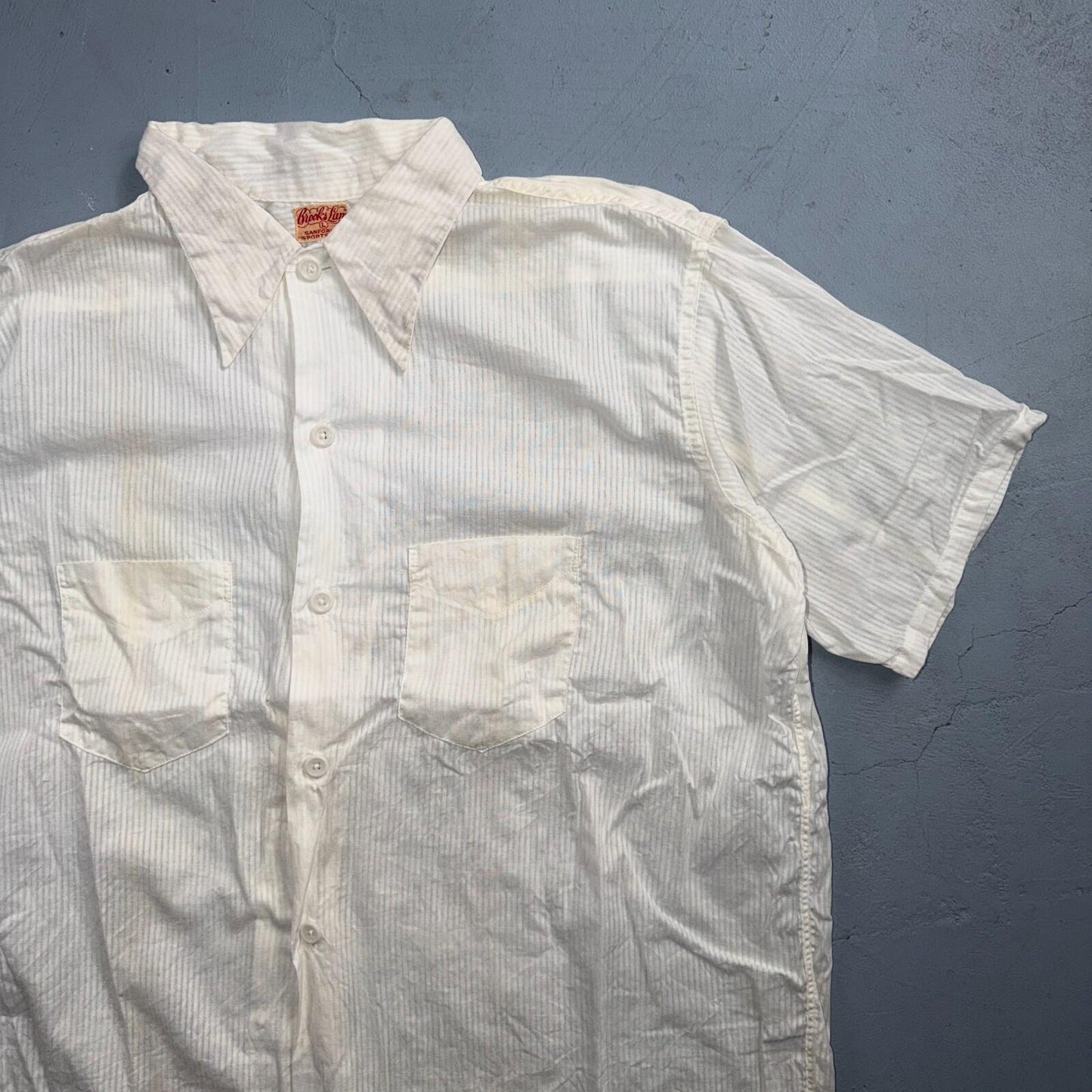 VTG 1940s Brooks Lane Button Shirt Rockabilly Stained White Striped Cotton 40s