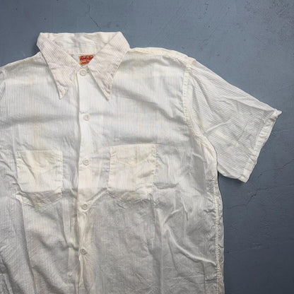 VTG 1940s Brooks Lane Button Shirt Rockabilly Stained White Striped Cotton 40s
