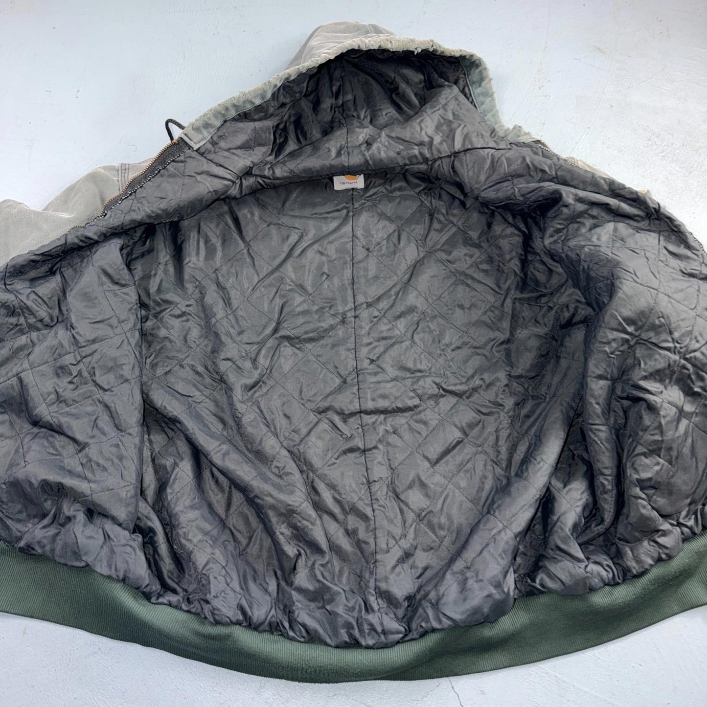Vintage Carhartt Olive Green Hooded Jacket Bomber Coat Thrashed Faded 90s Y2K