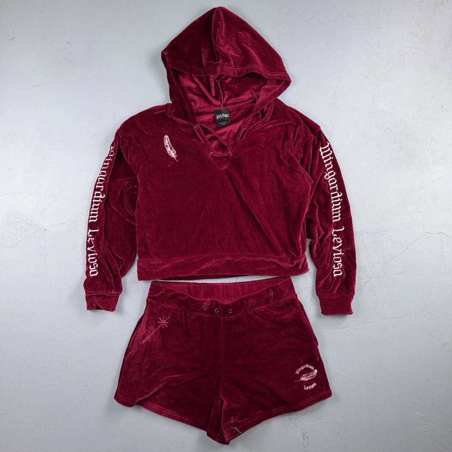 Harry Potter Sweater Women's L Crop Velour Hooded Wingardium Leviosa Shorts Set