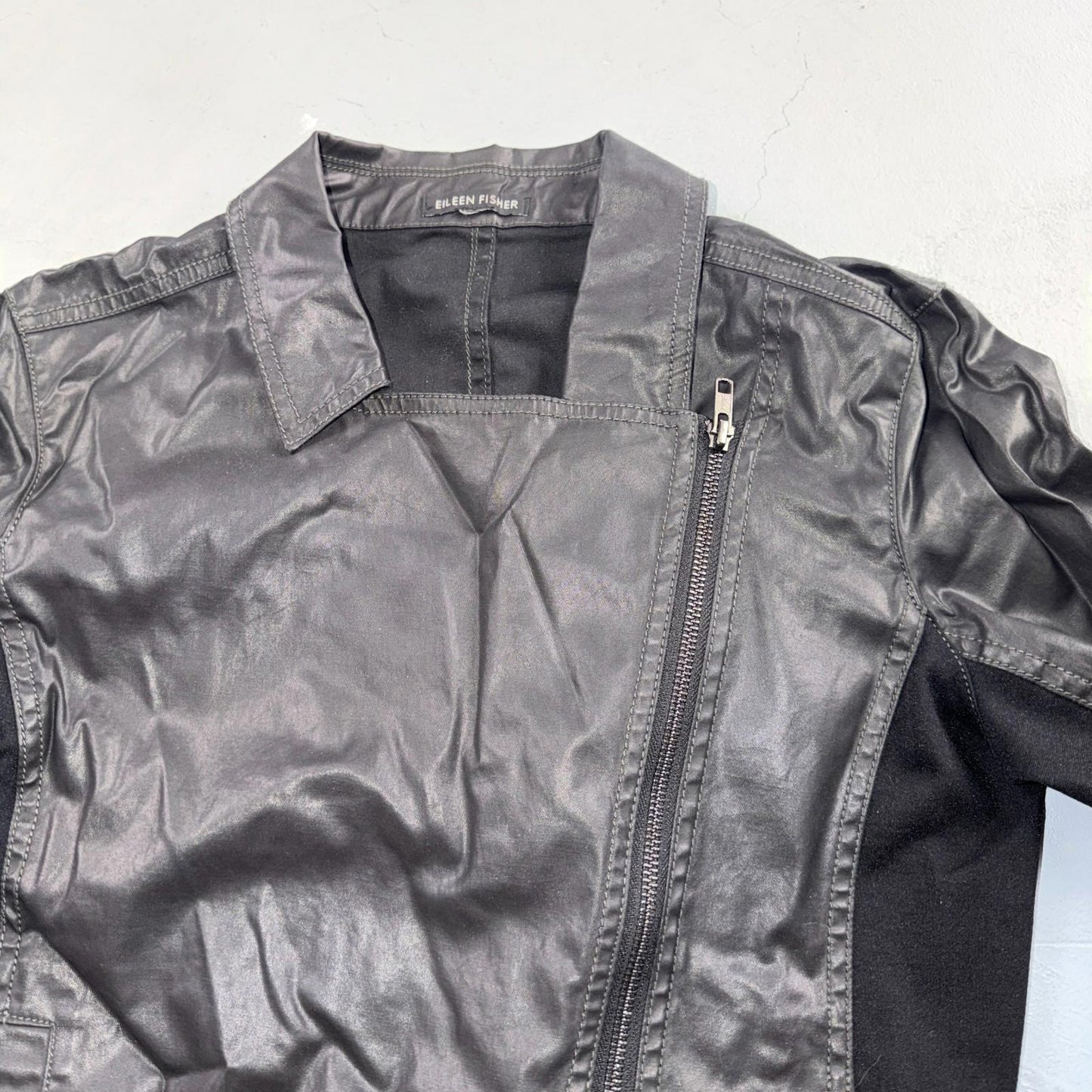 Eileen Fisher Jacket Womens XS Black Asymmetric Moto Zip Coat Cotton Blend