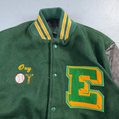 Varsity Jacket 44 VTG Green Bomber Wool Leather Evergreen Plainsmen Chainstitch