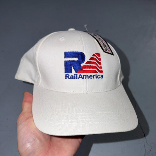 Rail America USA VTG Hat Baseball Cap Snapback Head Gear White Funny Humor Train