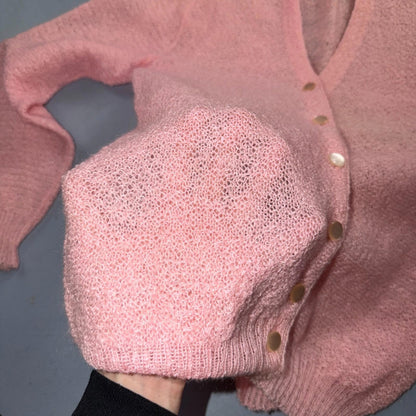 VTG Pink Mohair Cardigan Sweater 50s 60s Fuzzy Knit Button Front Airy Rockabilly