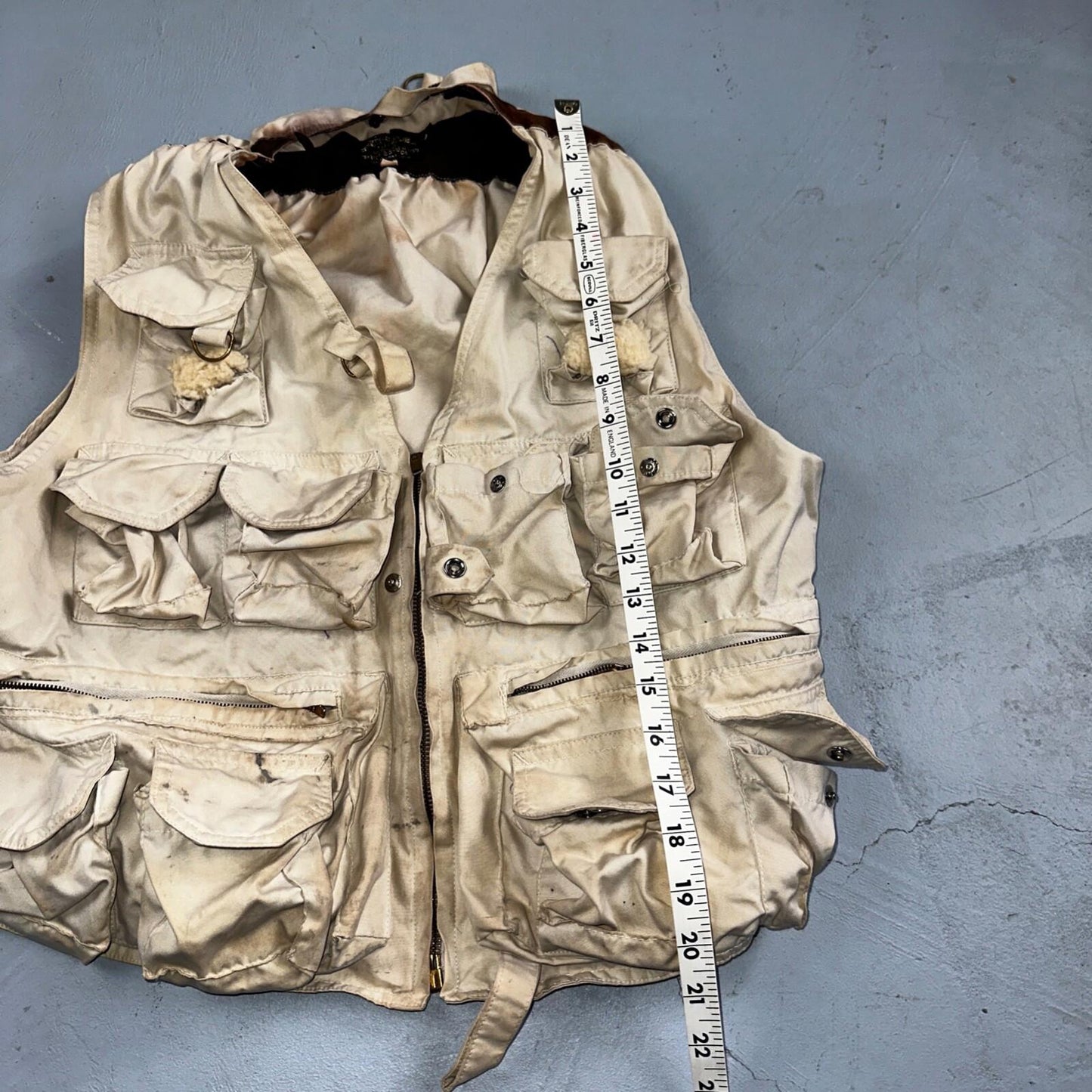 VTG Hurricane Fishing Vest Men's Size L Beige Sleeveless Zip-Up 100% Cotton 70s