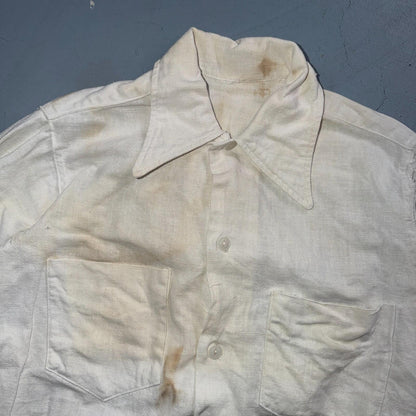 VTG 1940s Sportswear Button Shirt Rockabilly Stained White Linen? Cotton 40s