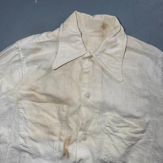 VTG 1940s Sportswear Button Shirt Rockabilly Stained White Linen? Cotton 40s
