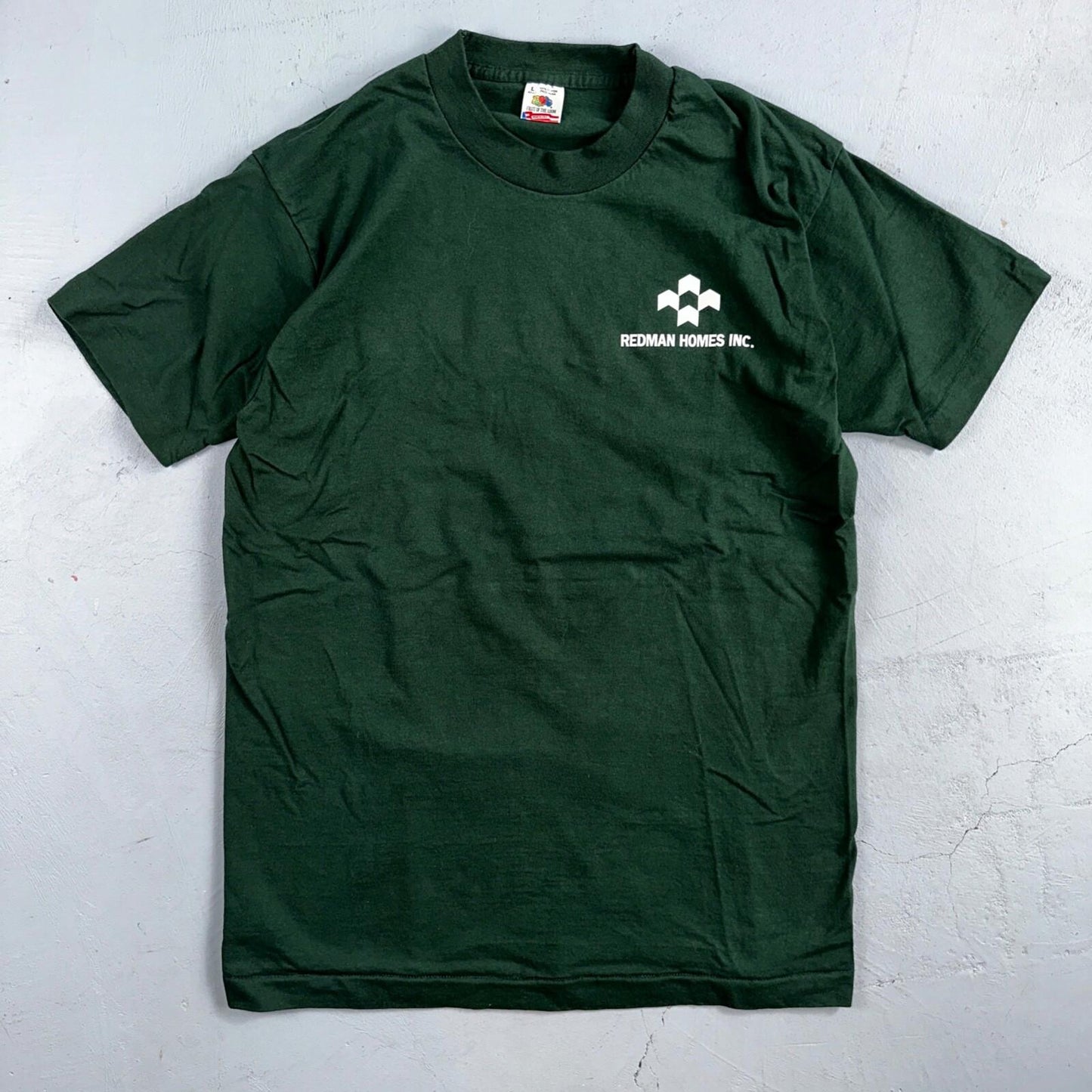Fruit of the Loom USA Flag VTG T Shirt Redman Home Construction Large Green