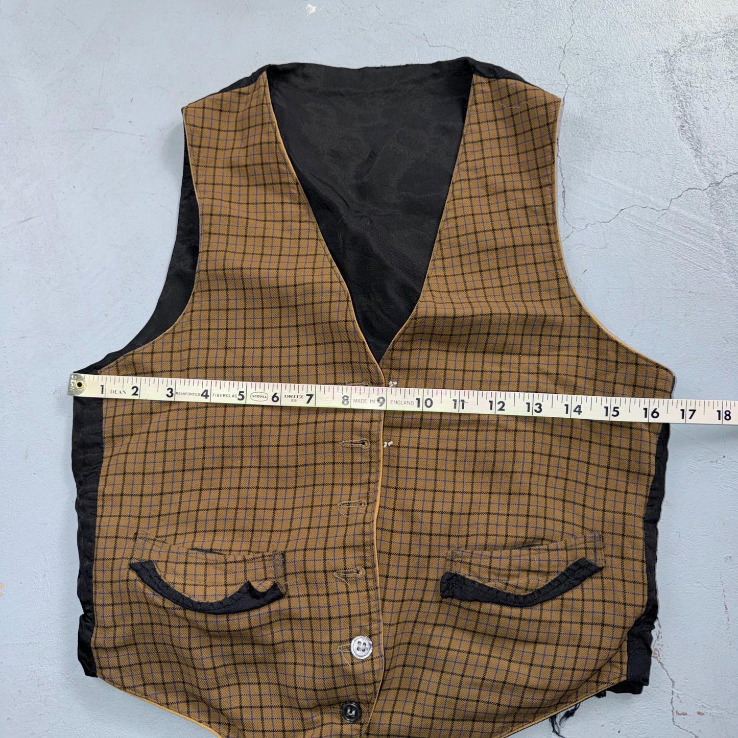 VTG Buckle Back Vest Mens Black Waistcoat Size S 1940s 1950s Plaid Double Sided