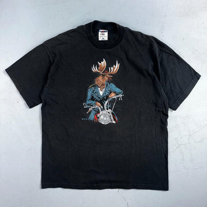 Moose Motorcycle Leather Jacket VTG T Shirt Cow Fell Off Funny Humor Biker Joke
