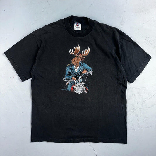 Moose Motorcycle Leather Jacket VTG T Shirt Cow Fell Off Funny Humor Biker Joke