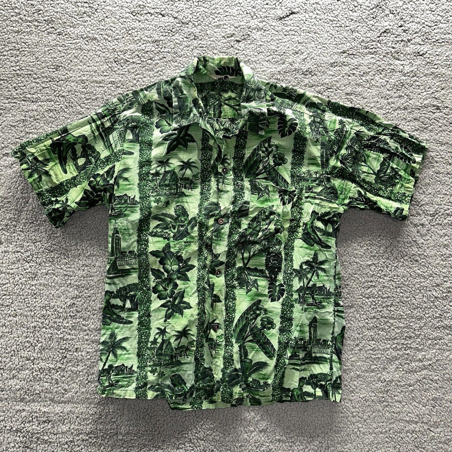 Vintage 50s Hawaiian Aloha Print Shirt Rockabilly Honolulu 60s Button USA Green