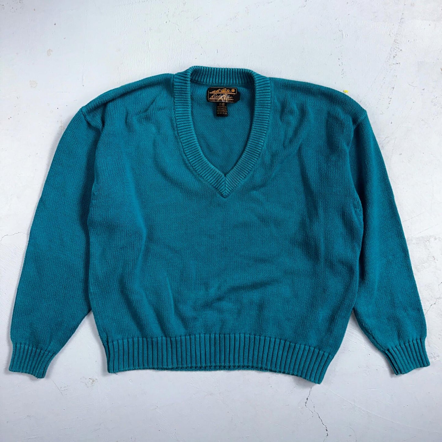 Vintage Eddie Bauer Sweater Mens Large Teal V Neck Pullover Cotton Casual Adult
