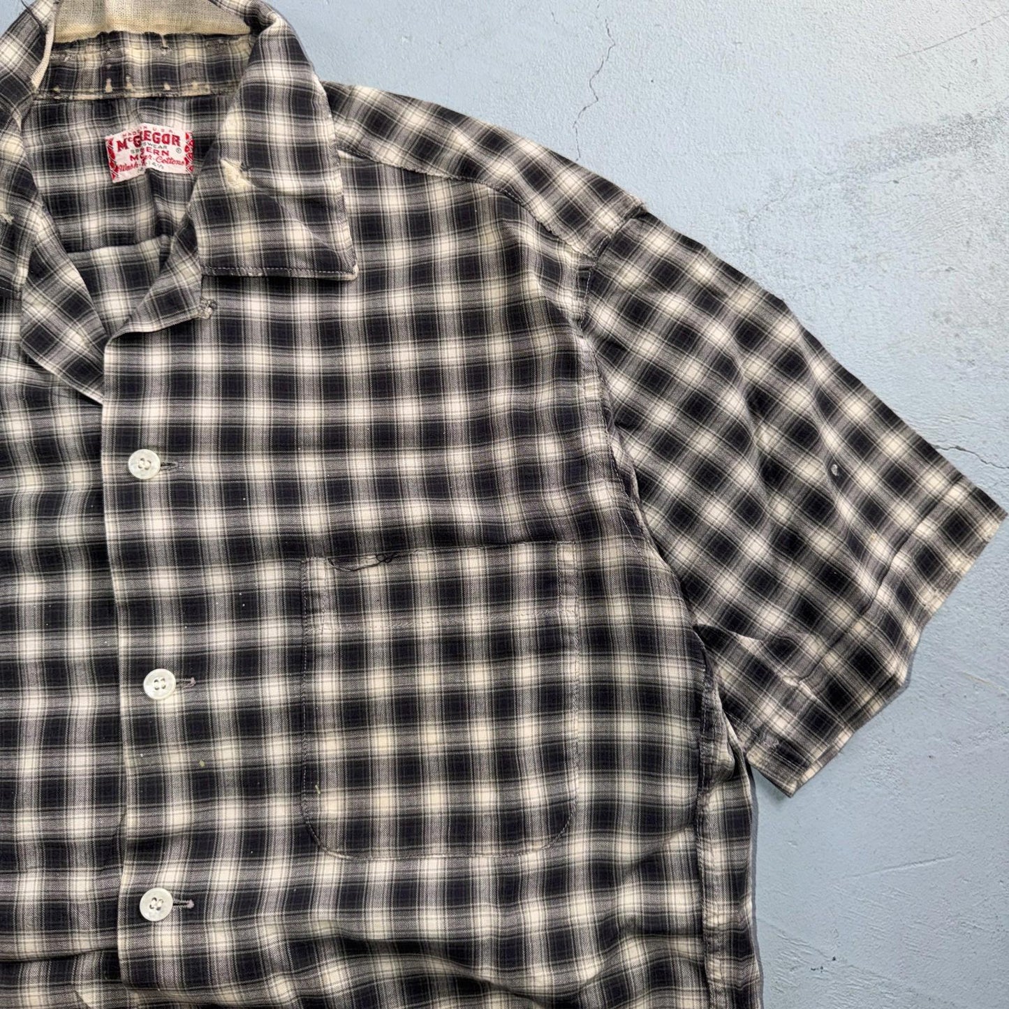 Vintage 60s McGregor Checker Loop Collar Button Up Shirt Made In USA Rockabilly