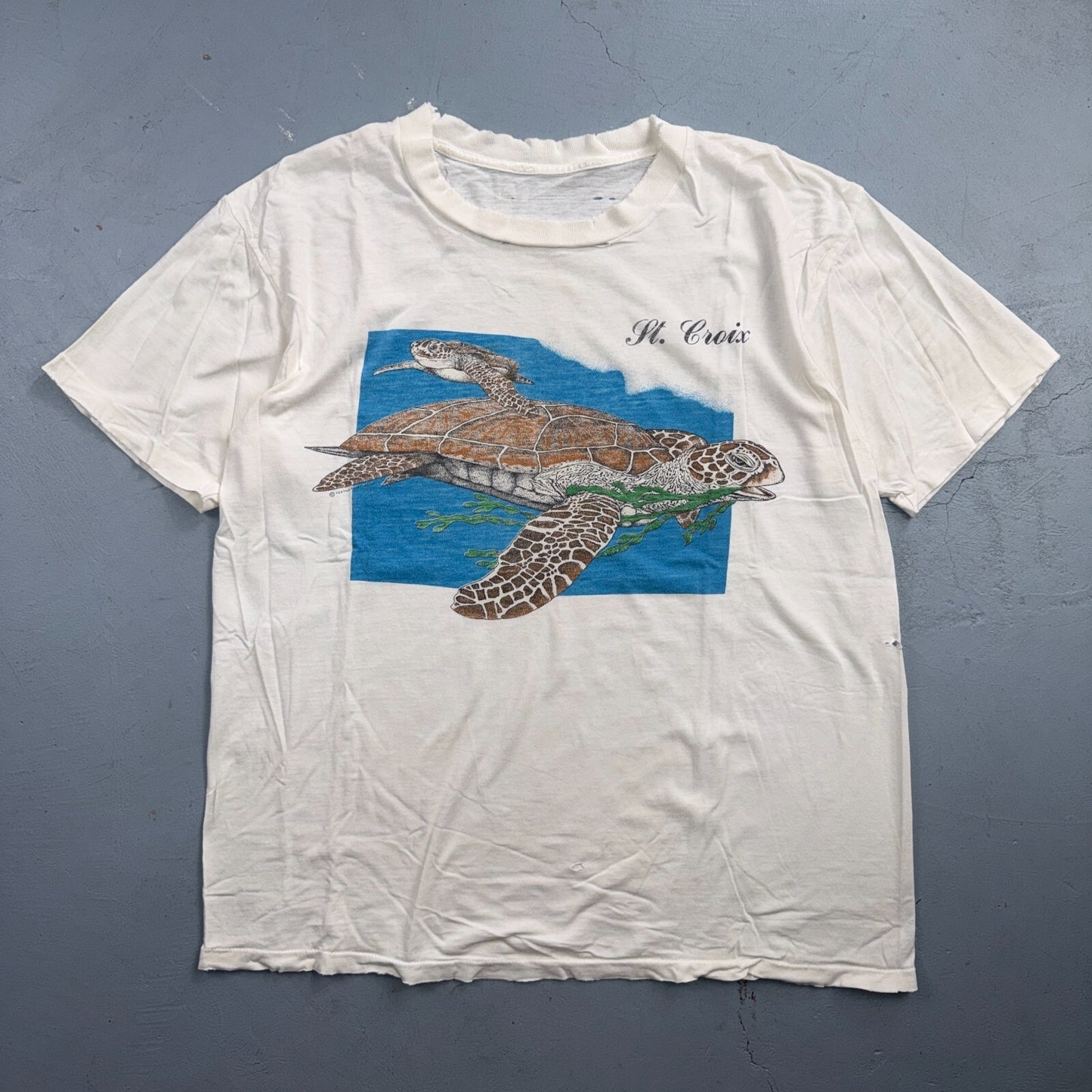 VTG Sea Turtles Single Stitch USA Thrashed White T Shirt Sz XL St Croix Ocean