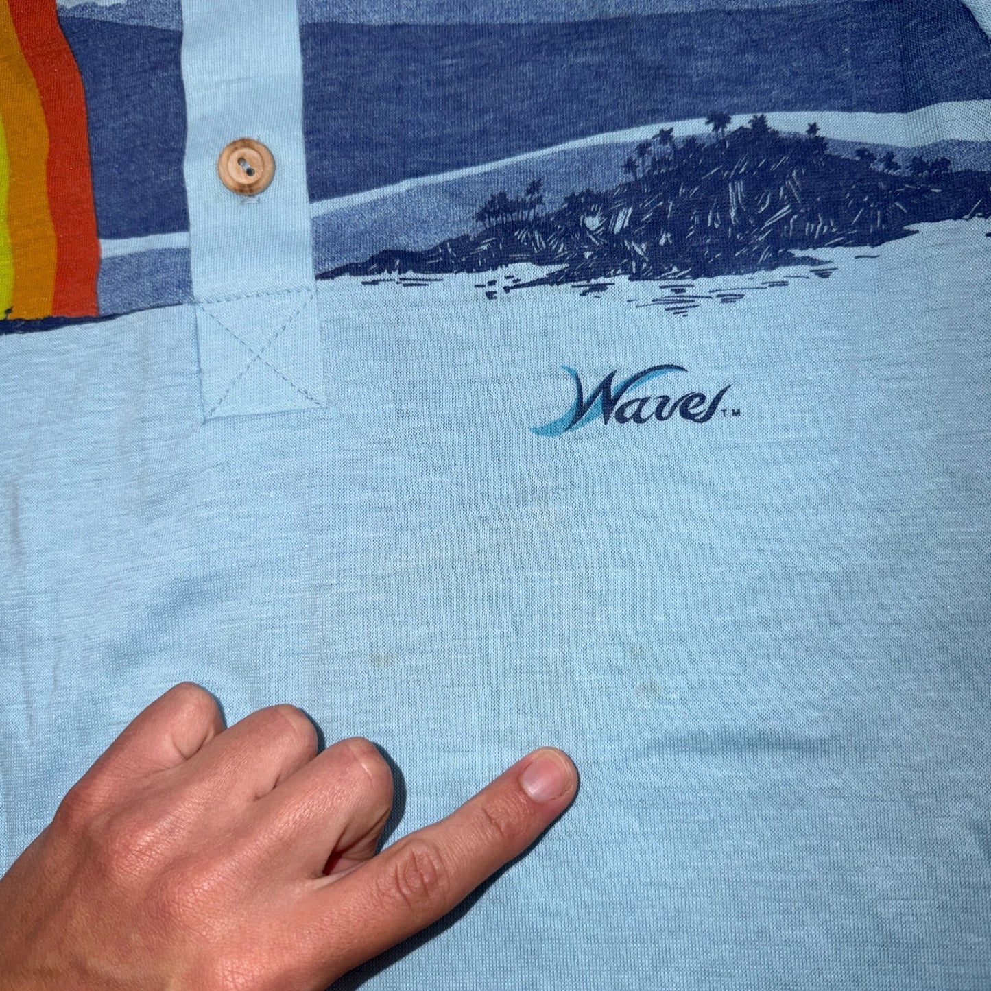 VTG 70s Wave Rainbow Landscape Long Sleeve Collared Polo Shirt Hawaii Aloha 80s