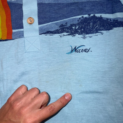 VTG 70s Wave Rainbow Landscape Long Sleeve Collared Polo Shirt Hawaii Aloha 80s