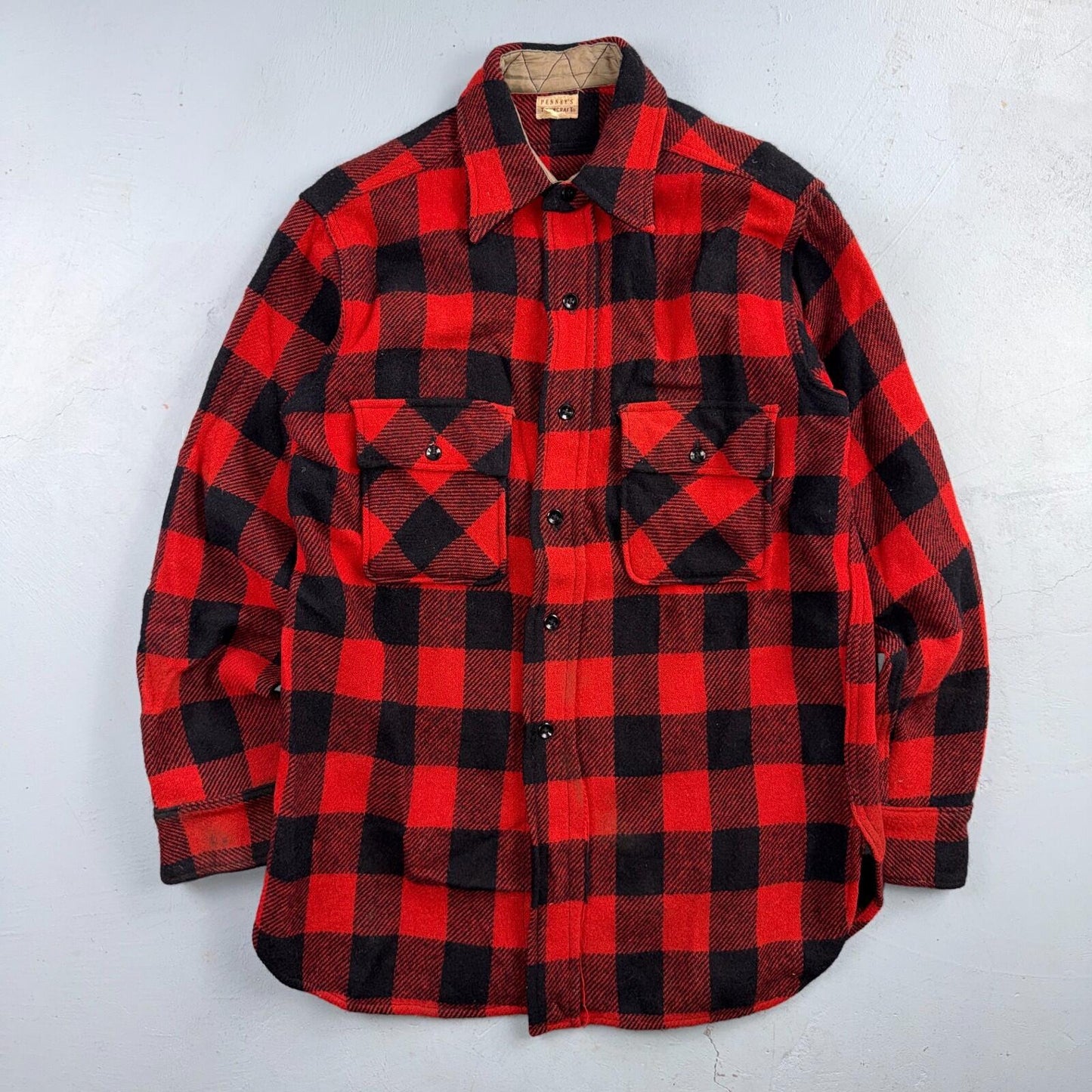 VTG 1940s Penneys Jacket Red Black Wool Buffalo Plaid 40s 50s Flannel Shirt Wool