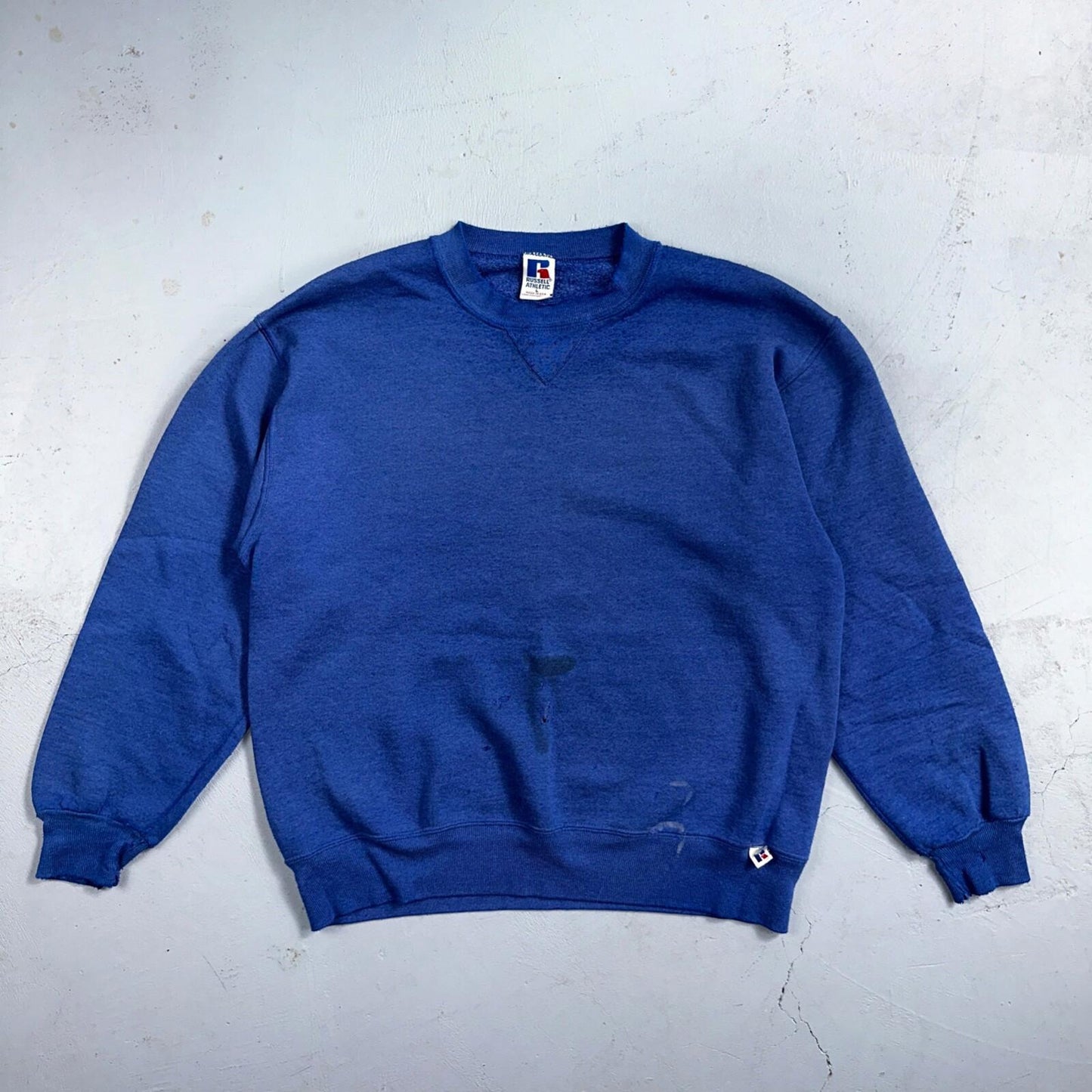 Russell Athletic Thrashed USA Sweatshirt VTG Crewneck L Blue Basic Cool Gym
