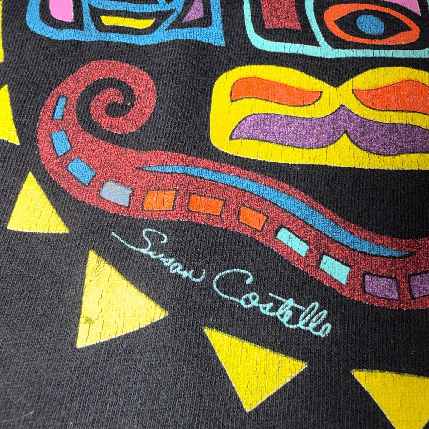 VTG Sue Coccia Native Northwest Eagle Raven Art Graphic T Shirt Black Large