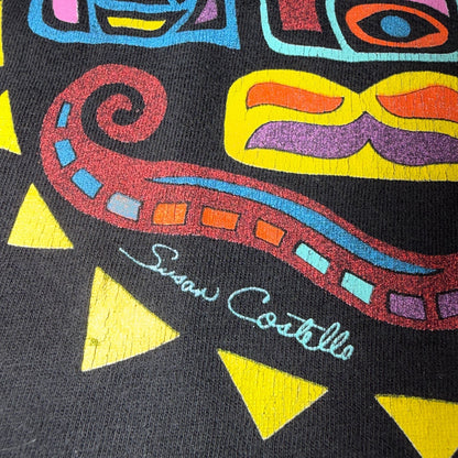VTG Sue Coccia Native Northwest Eagle Raven Art Graphic T Shirt Black Large