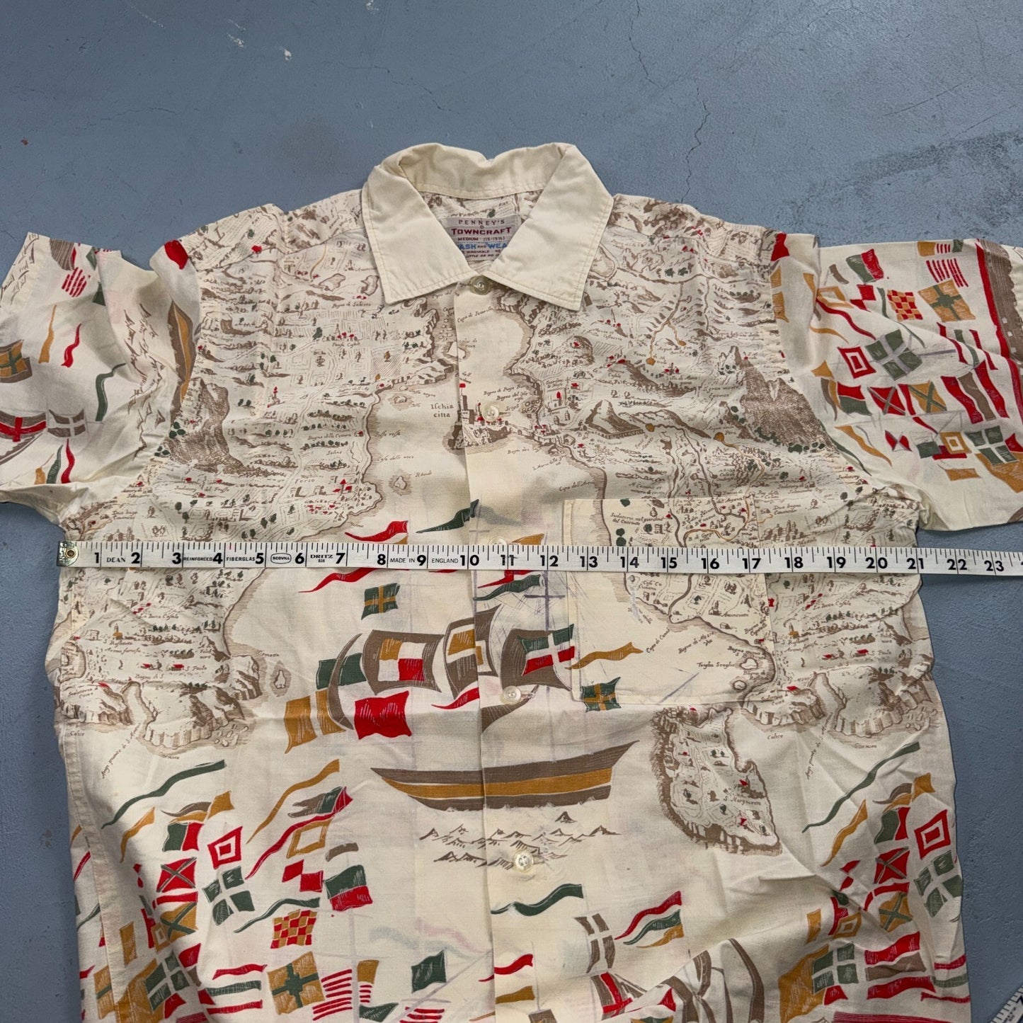 VTG 50s PENNEYS Hawaiian Flags Button Aloha Shirt Rockabilly THRASHED 1950s