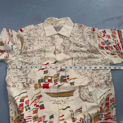 VTG 50s PENNEYS Hawaiian Flags Button Aloha Shirt Rockabilly THRASHED 1950s