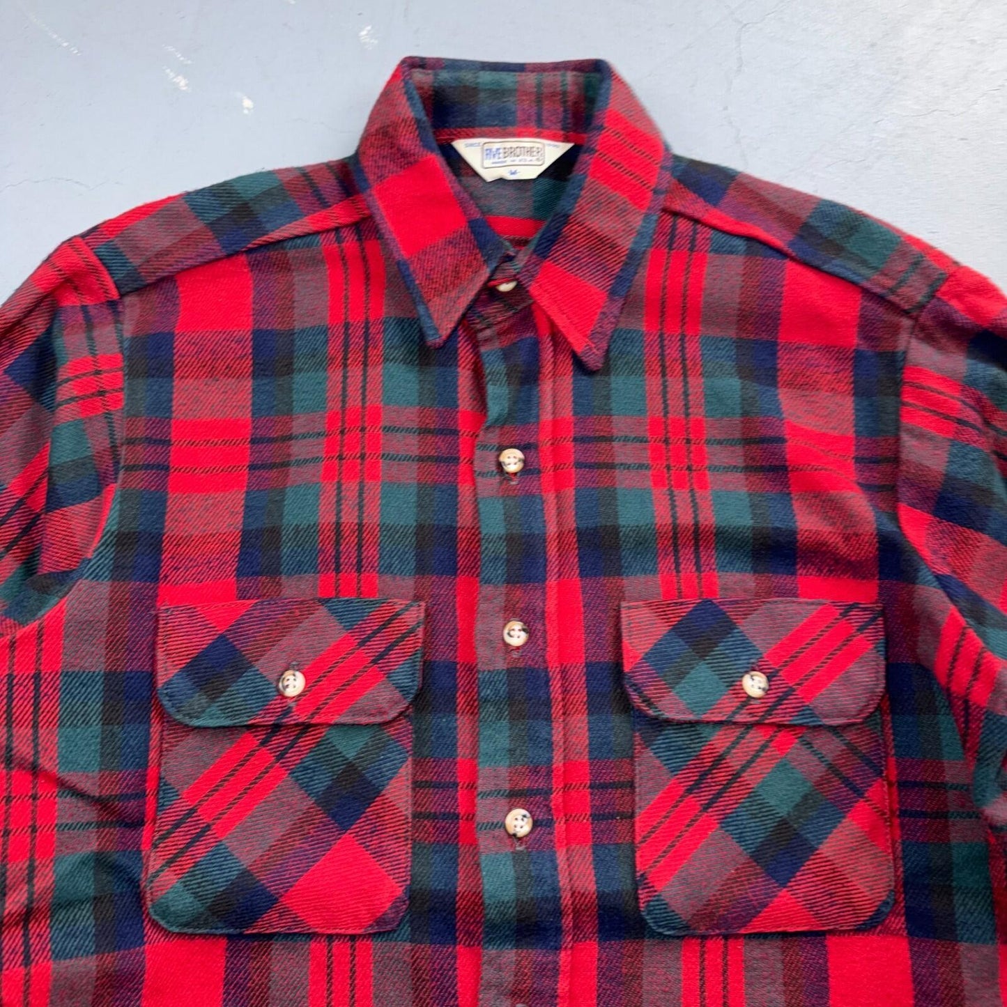 VTG Five Brother Shirt Mens M Shadow Plaid Flannel USA Red 1980s 80s Green Red