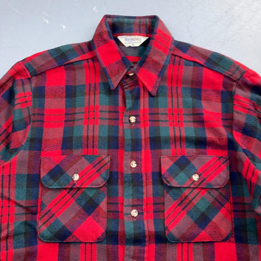 VTG Five Brother Shirt Mens M Shadow Plaid Flannel USA Red 1980s 80s Green Red