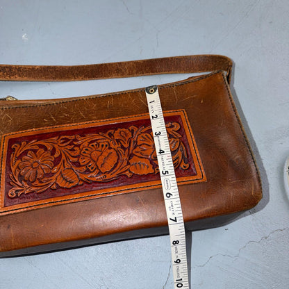 VTG Leather Bag Clutch Western Hand Tooled Leather Purse Saddle Brown Wallet