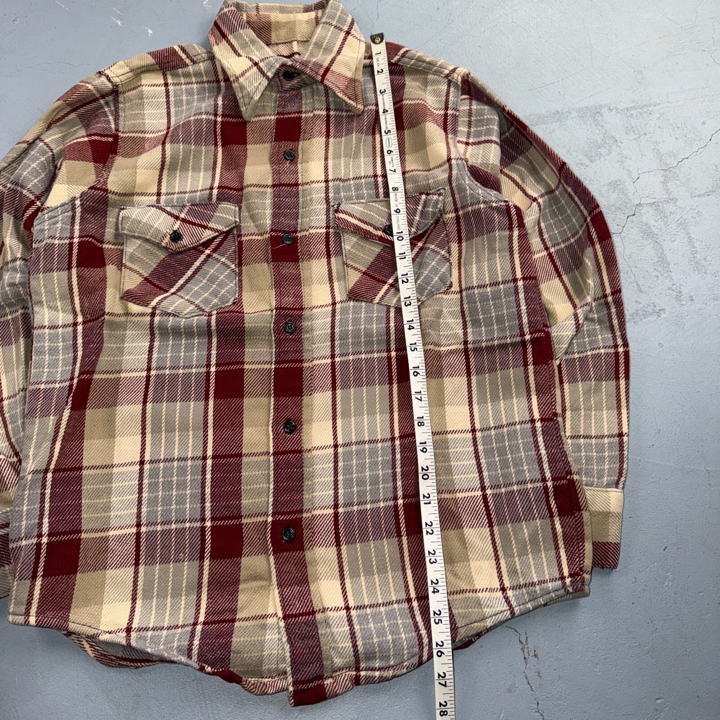 VTG 70s Burgundy Gray Plaid Heavy Flannel Button Shirt Workwear Mens Penneys