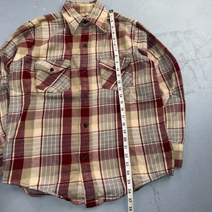 VTG 70s Burgundy Gray Plaid Heavy Flannel Button Shirt Workwear Mens Penneys