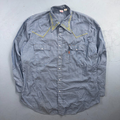 VTG 70s Levis Chambray Western Shirt Embroidered Pearl Snap Rockabilly Orange Ta