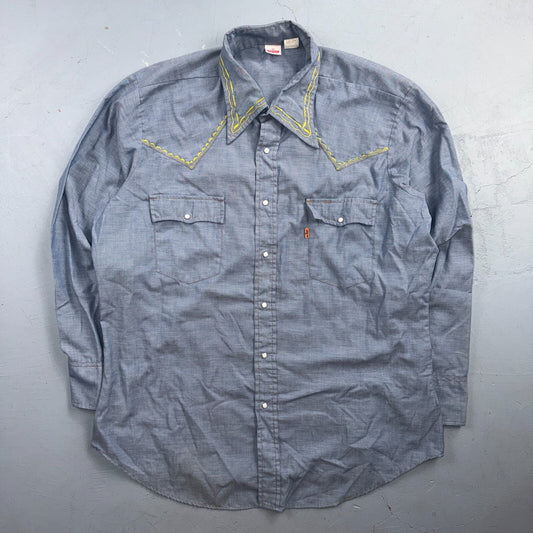 VTG 70s Levis Chambray Western Shirt Embroidered Pearl Snap Rockabilly Orange Ta